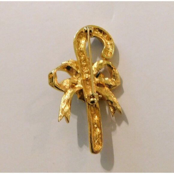 Christmas Candy Cane Enamel Brooch 2 In Clear Rhinestones Festive Bow Gold Tone - Picture 4 of 4